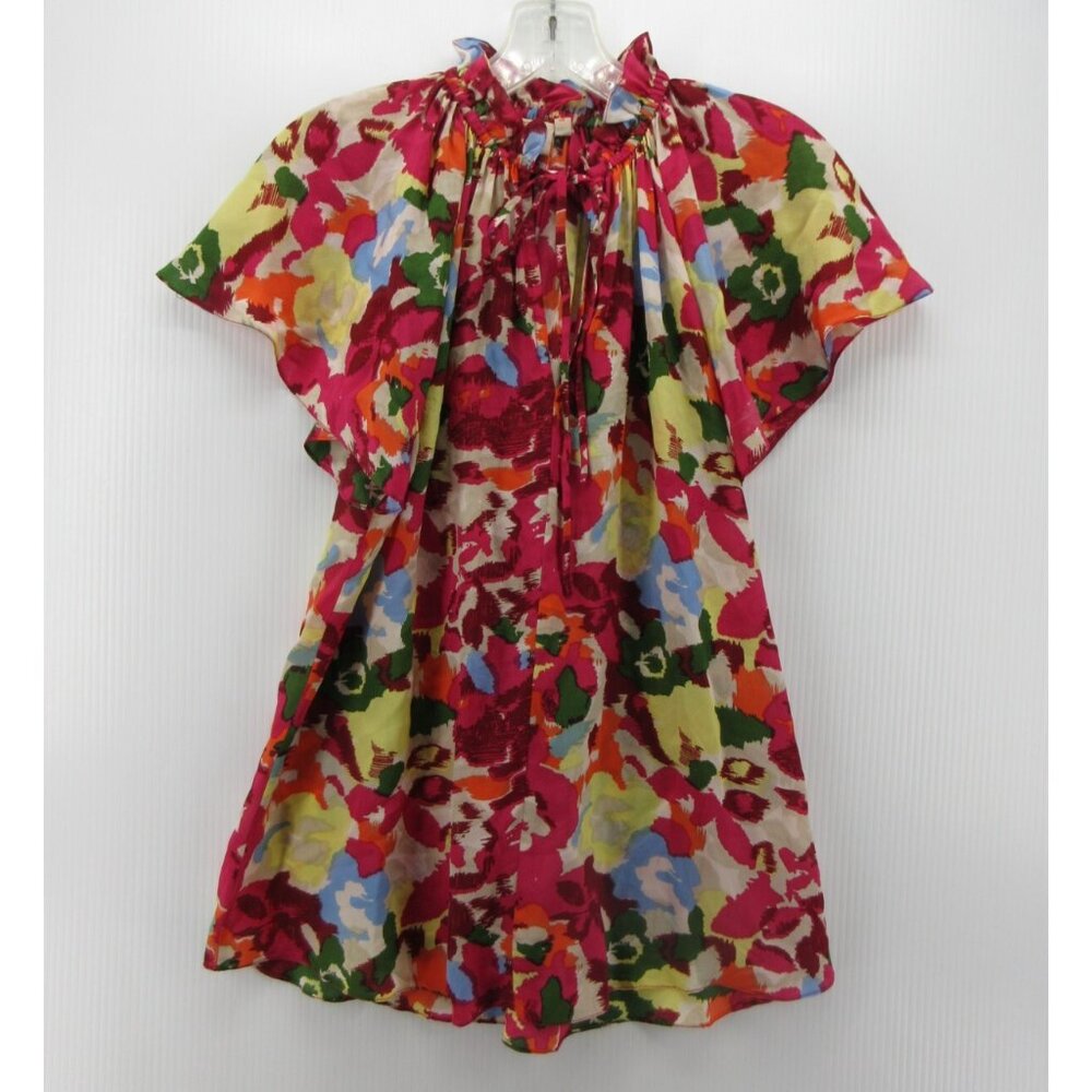 Rungolee Top Small Silk Blouse Front Tie Boho Artsy Floral Colorful